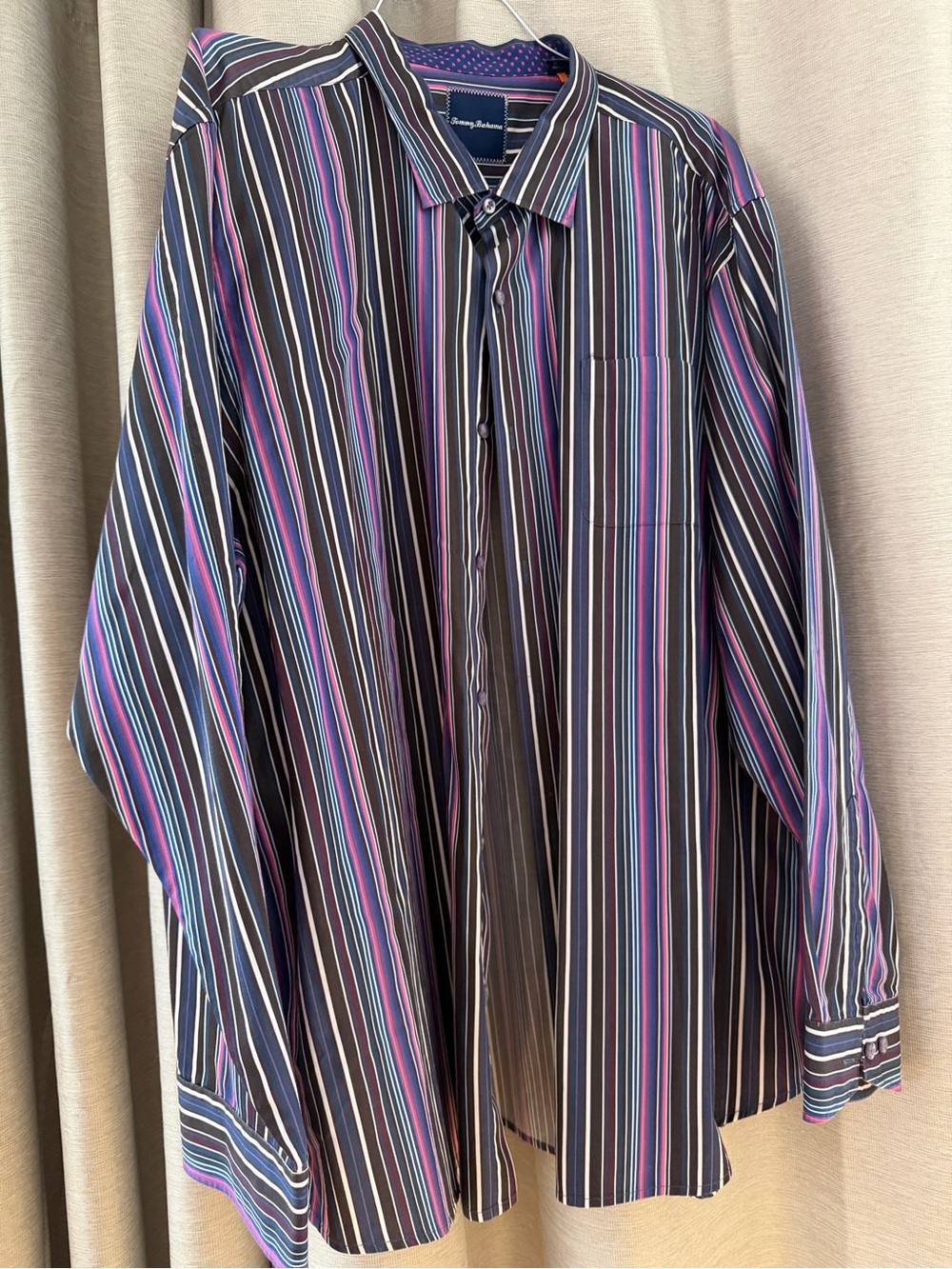 Tommy Bahama Navy Stripe Button-Up with Purple and Pink Accents